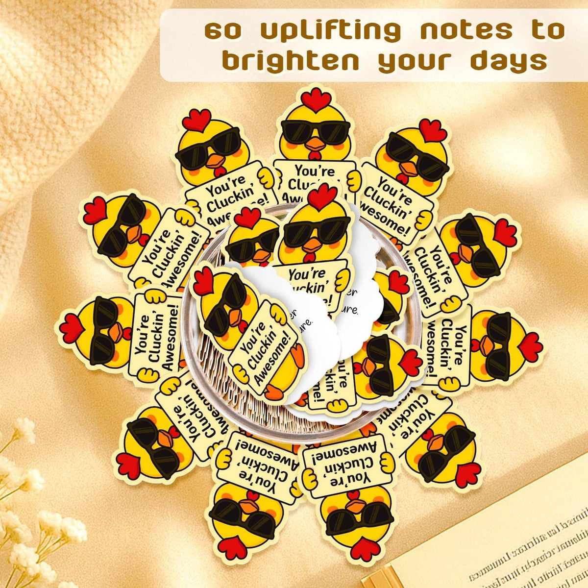 Chicken positive affirmation note stickers, 60 count, with hearts and sunglasses chicks