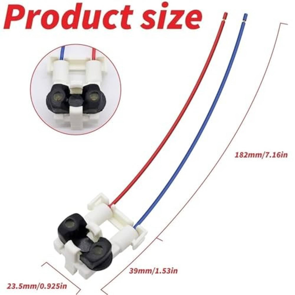 Product size diagram for TBI injector pigtail connectors, showing wire length measurements