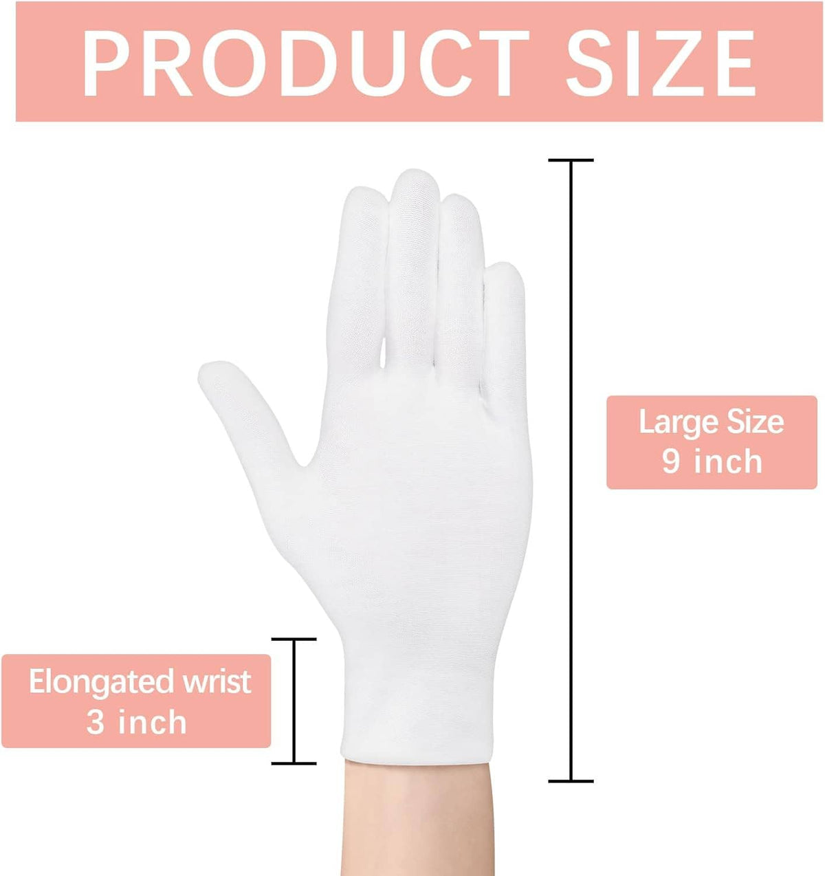 White cotton sleep glove with long wrist, product size view for large