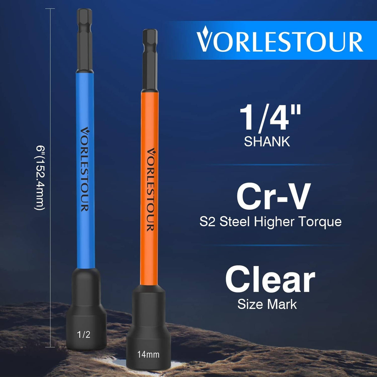 1/4 in shank Cr-V long nut driver with blue or orange handle and size marking
