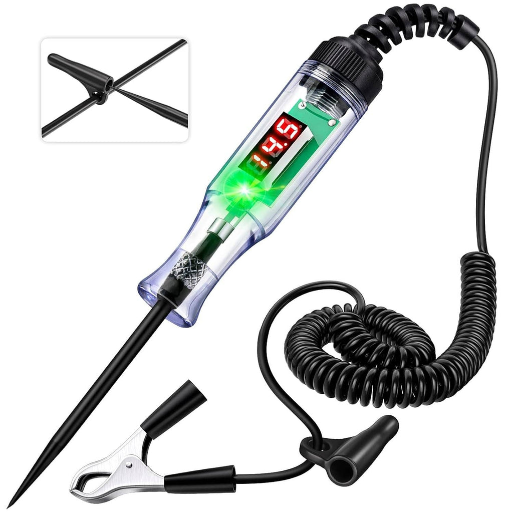 Automotive test light with black probe lead, coiled cord, and green/red digital volt display