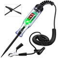 Automotive test light with black probe lead, coiled cord, and green/red digital volt display