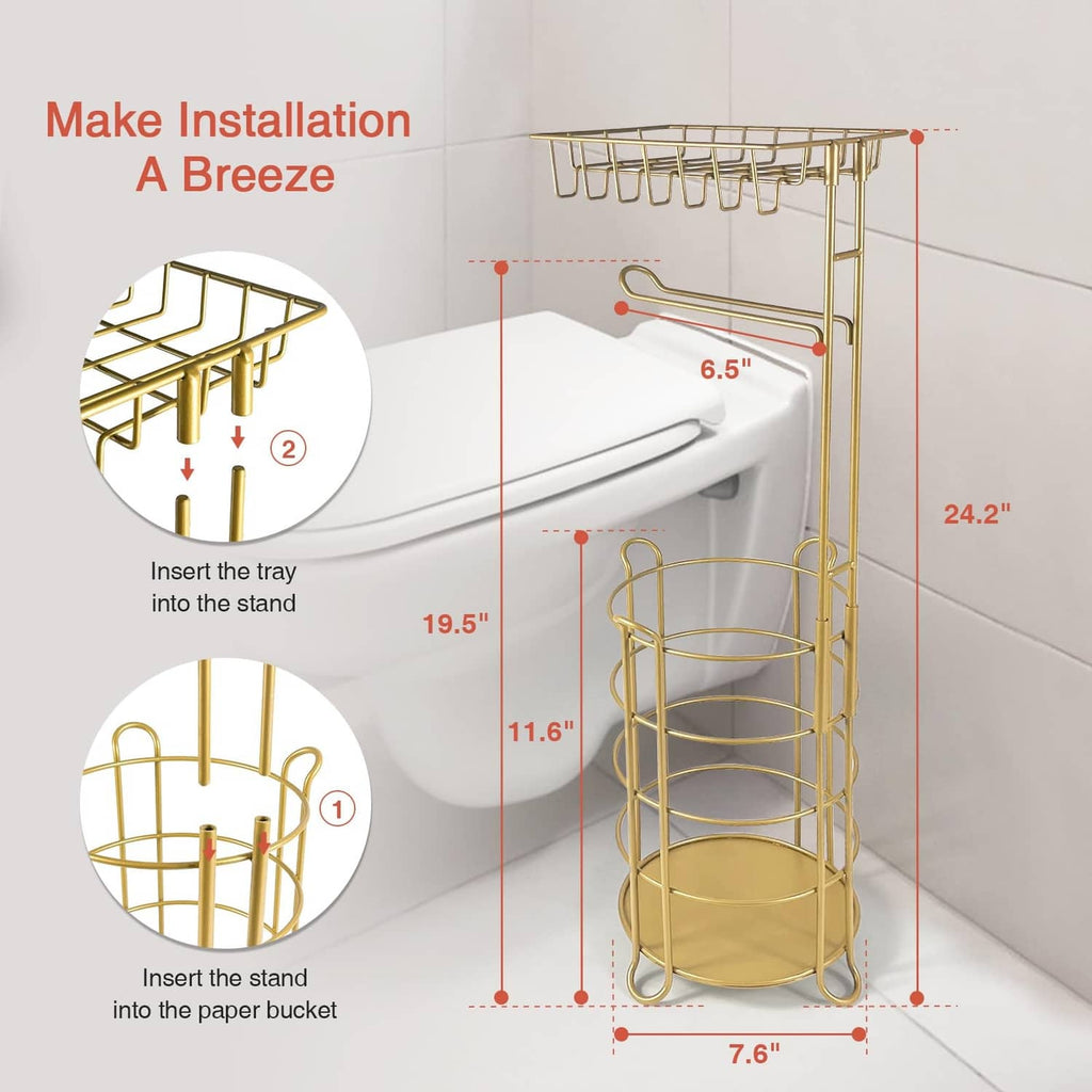 Gold freestanding toilet paper holder stand with top tray and roll storage