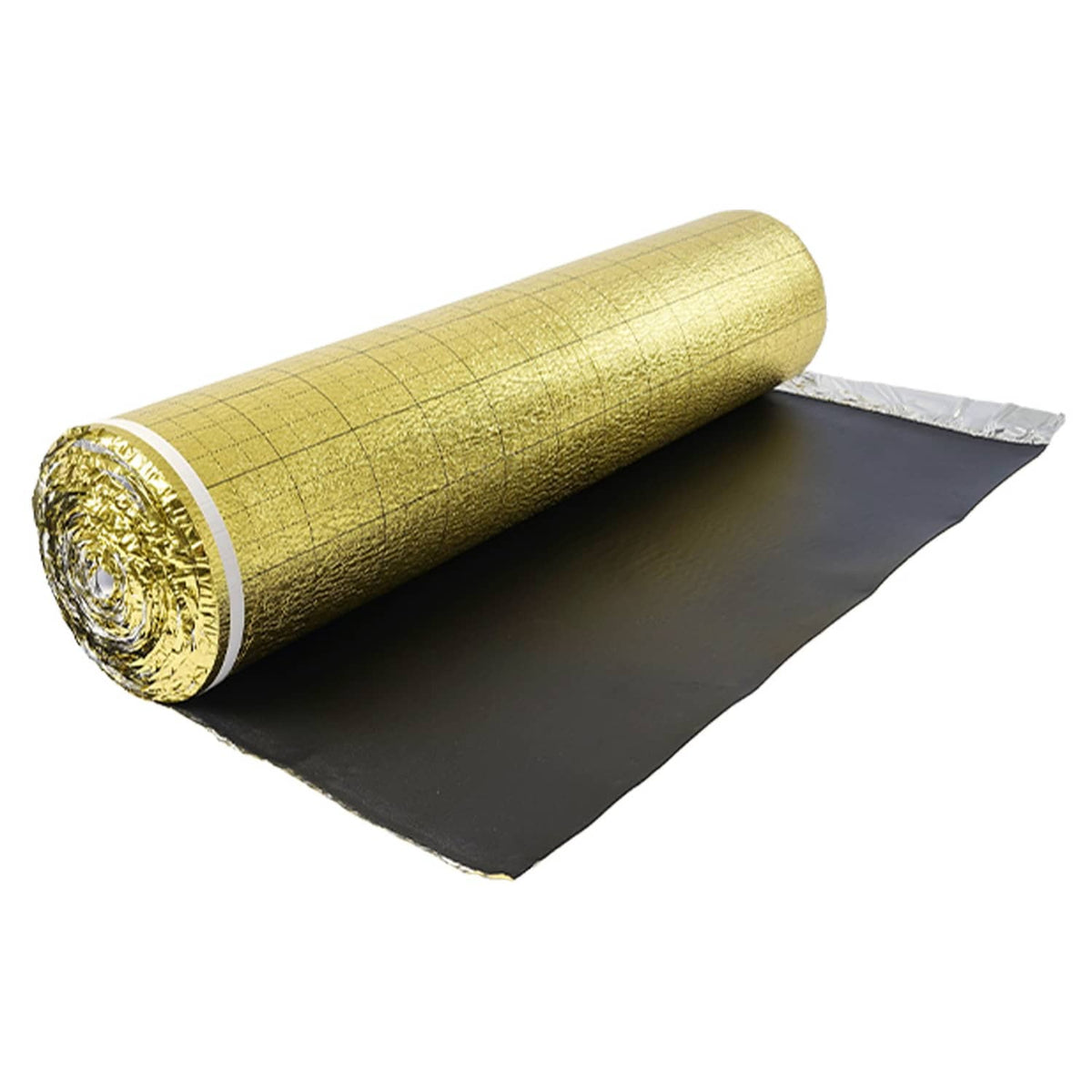 Rolled gold floor underlayment with black backing sheet and foil-like top layer