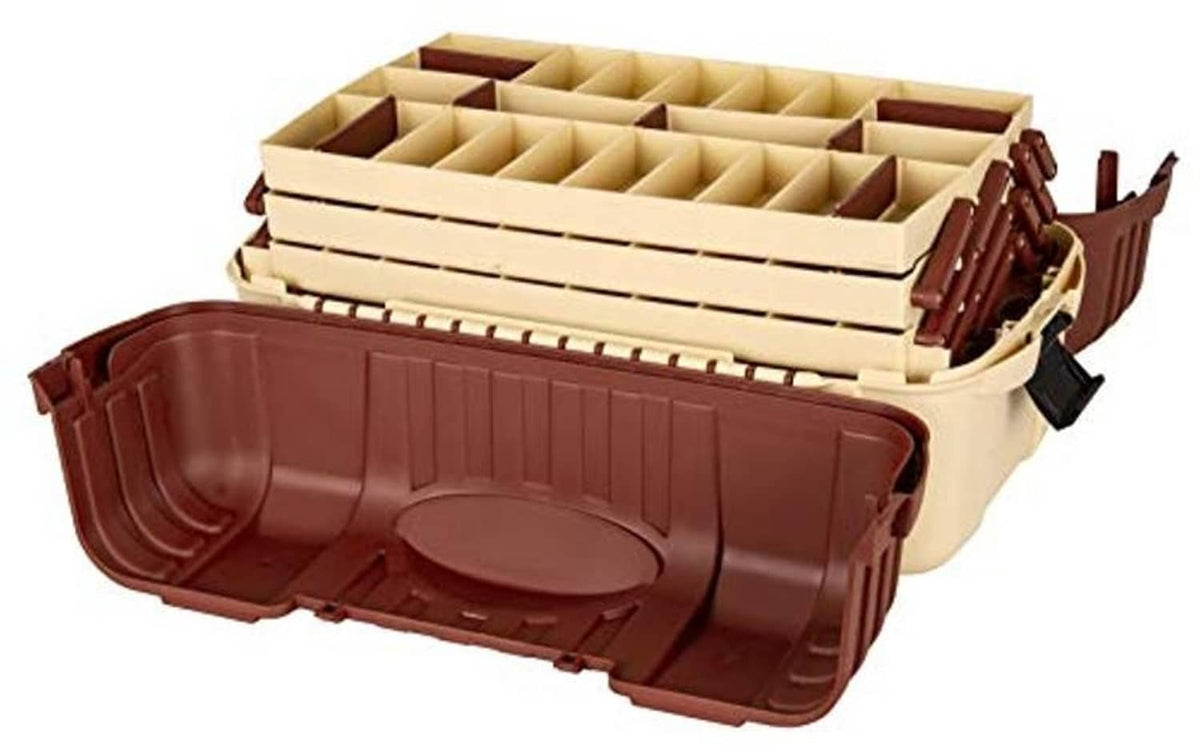 Fishing tackle box closed with cream interior rows and brown latches on the side