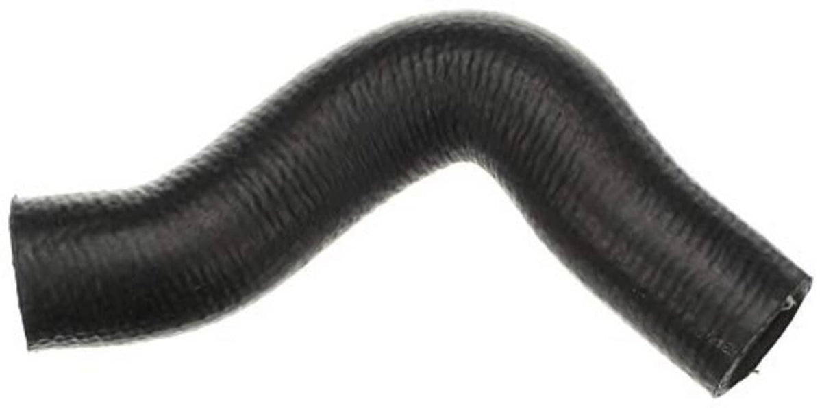 Curved molded coolant hose, black rubber, ribbed texture, open ends