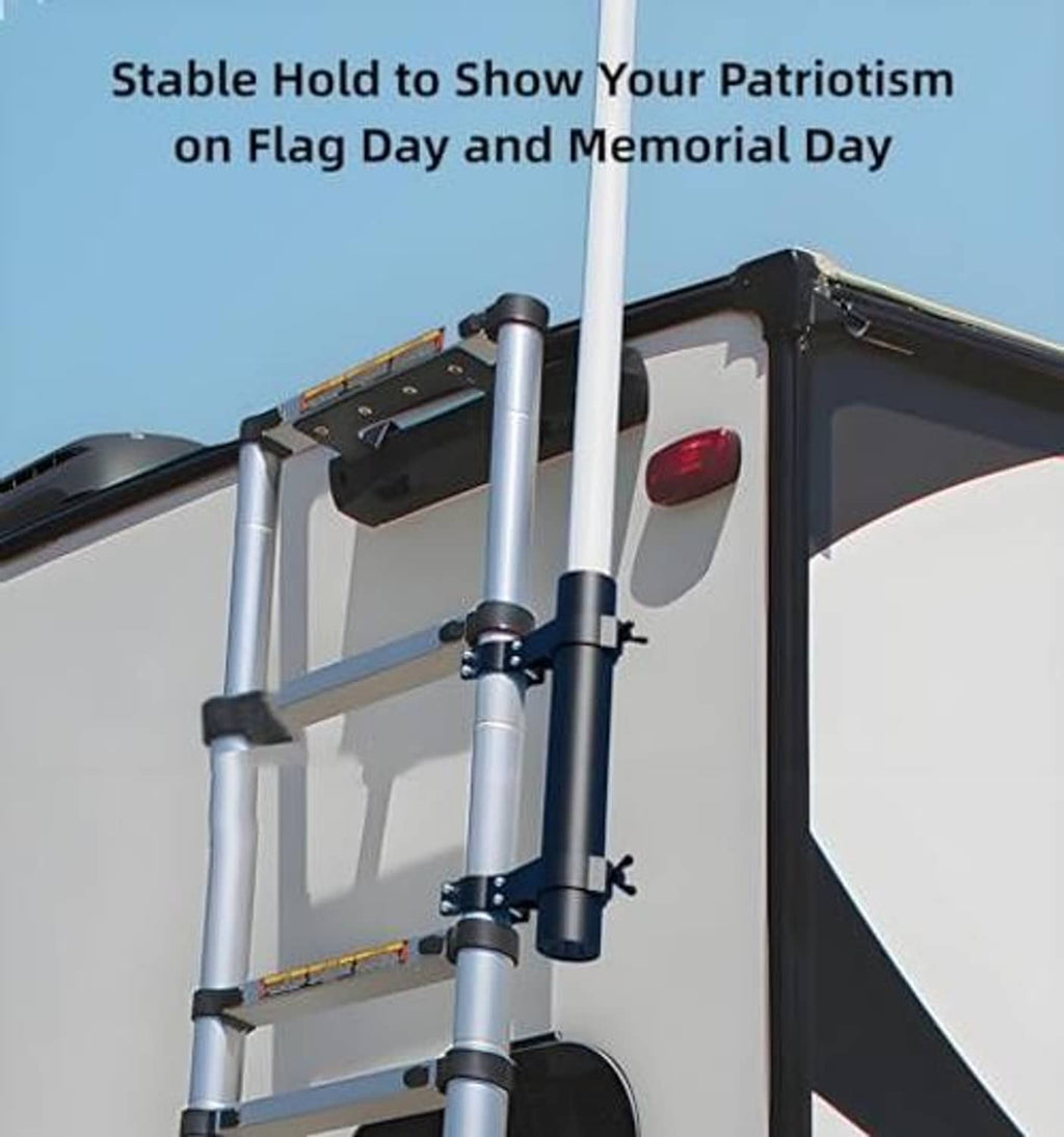 Black RV flag pole holder assembly with clamp mounts on a ladder