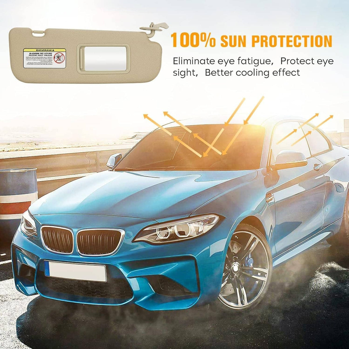 Beige sun visor with mirror window and side mounting arm for sun protection