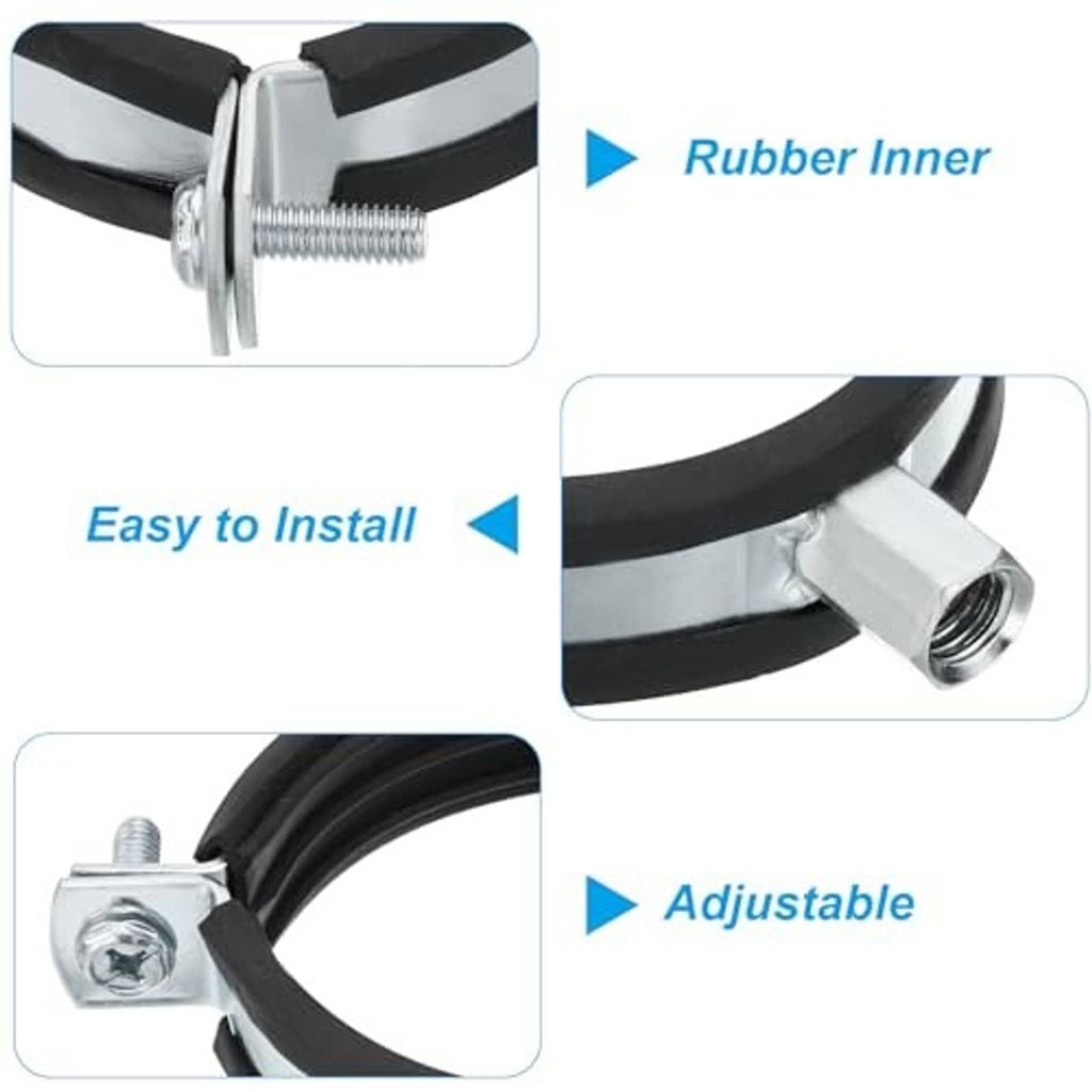 Split ring pipe hanger with black rubber inner and zinc-plated adjustable clamp