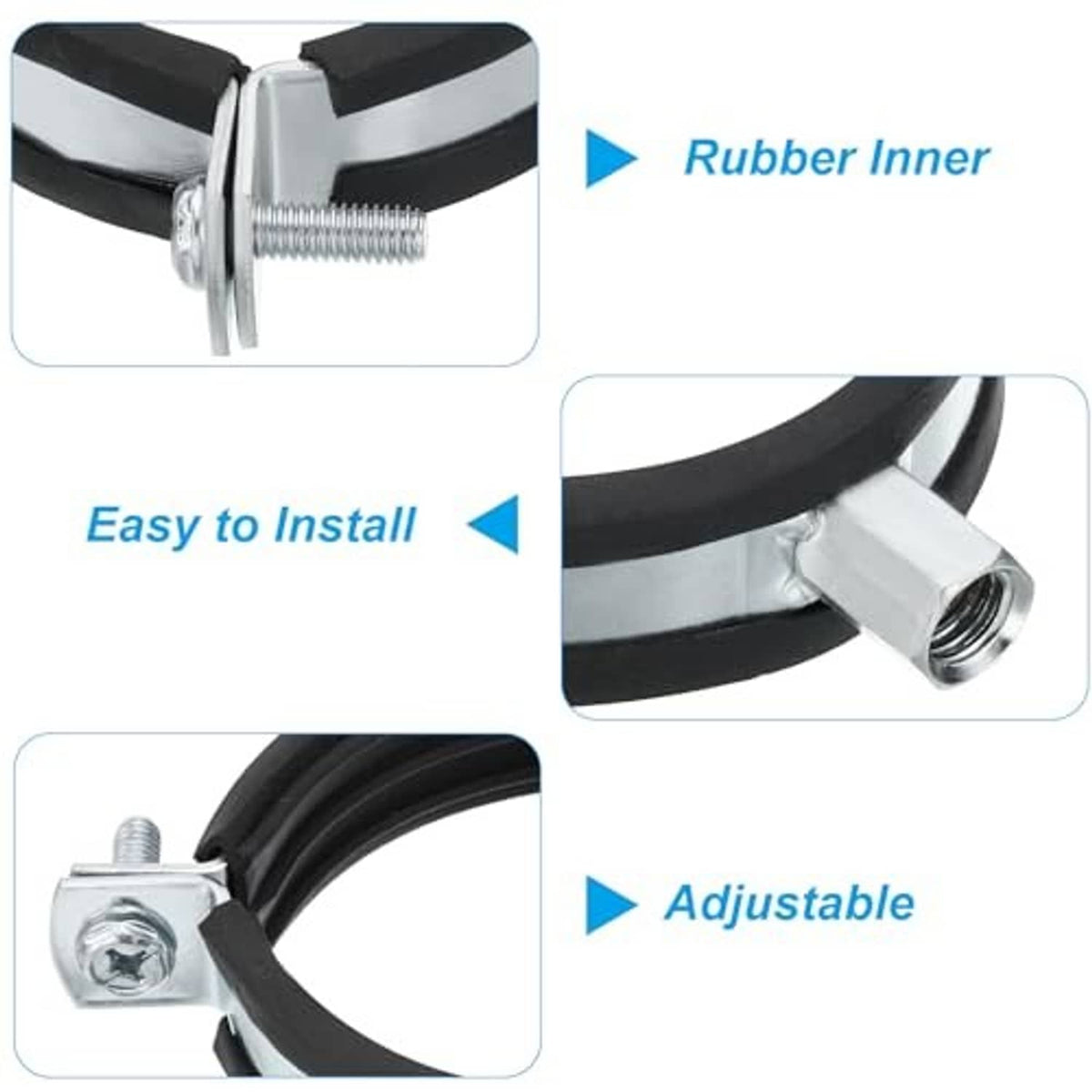 Split ring pipe hanger with black rubber inner and zinc-plated adjustable clamp