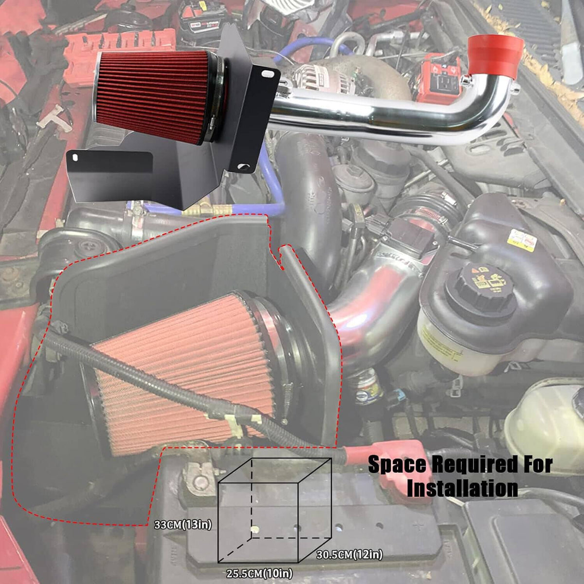 Cold air intake components mounted in engine bay, showing filter housing and heat shield clearance