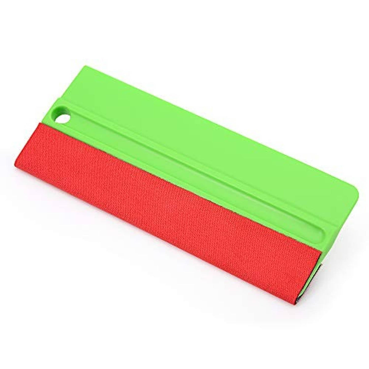 Flat green felt squeegee tool with red pad and central recessed grip
