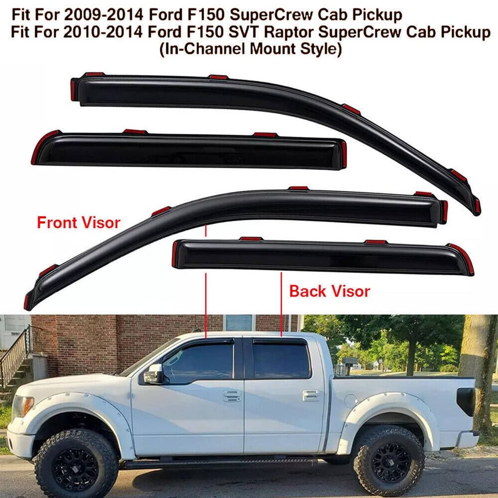 In-channel window vent visor set with front and back pieces for Ford F-150 SuperCrew