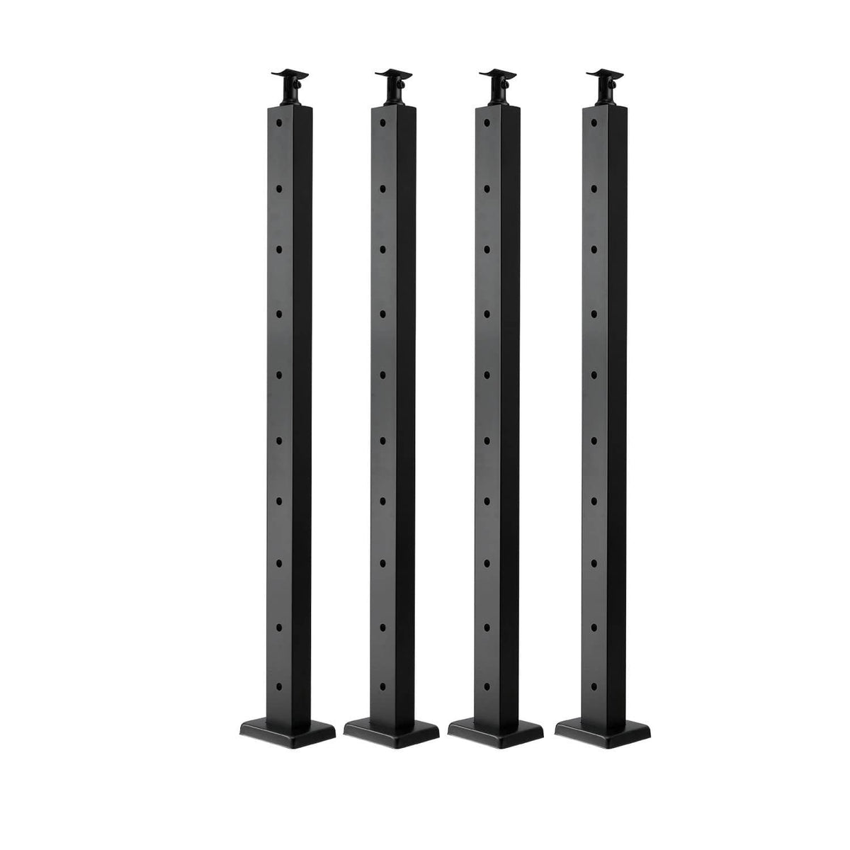 Set of four black cable railing posts with horizontal holes and square base plates.