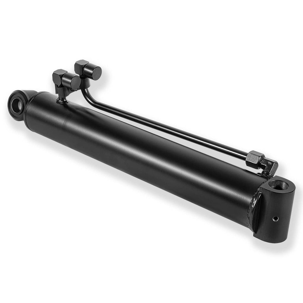 Hydraulic bucket tilt cylinder with black rod, mounting clevis and circular end bushing