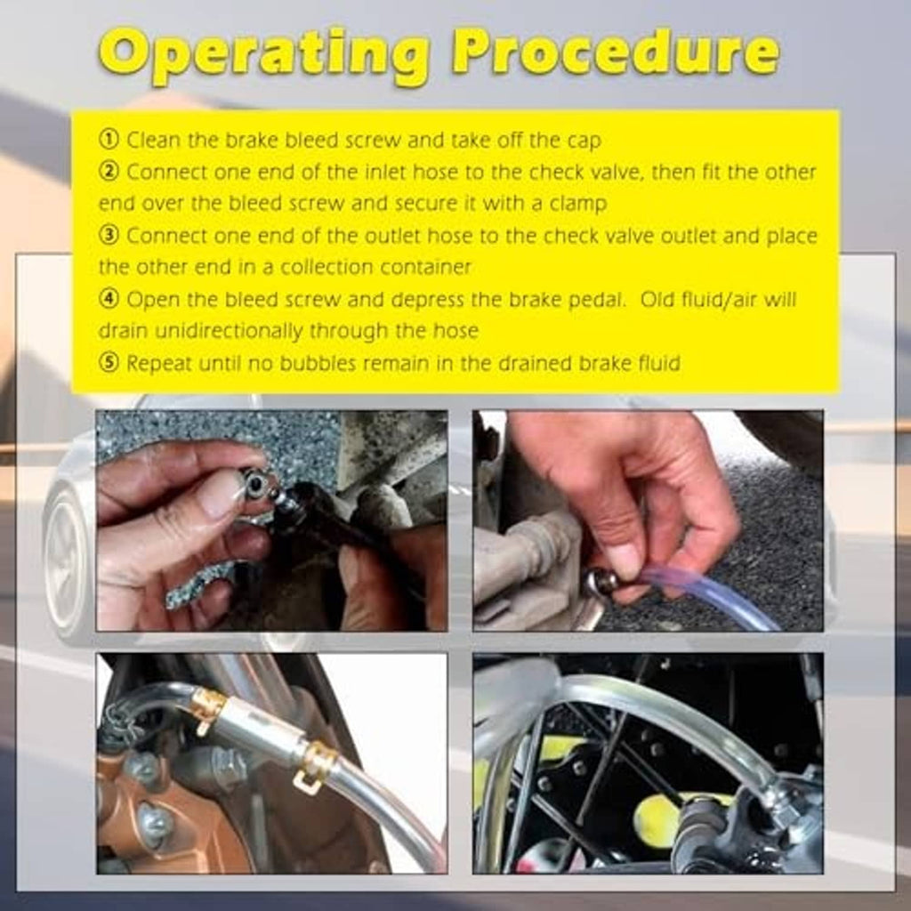 Brake bleeder kit components connected for bleeding: hoses, one-way check valve, clamps