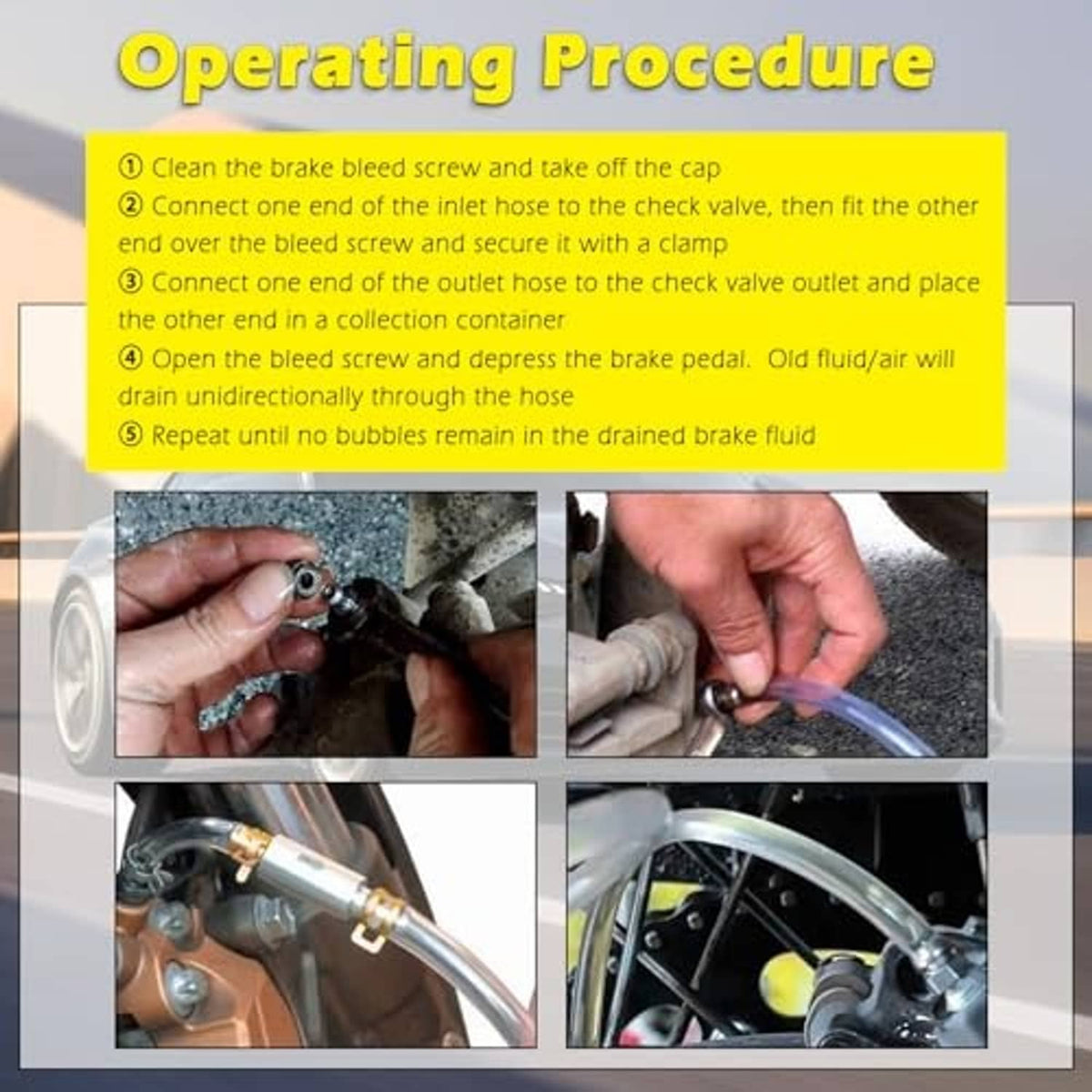 Brake bleeder kit components connected for bleeding: hoses, one-way check valve, clamps