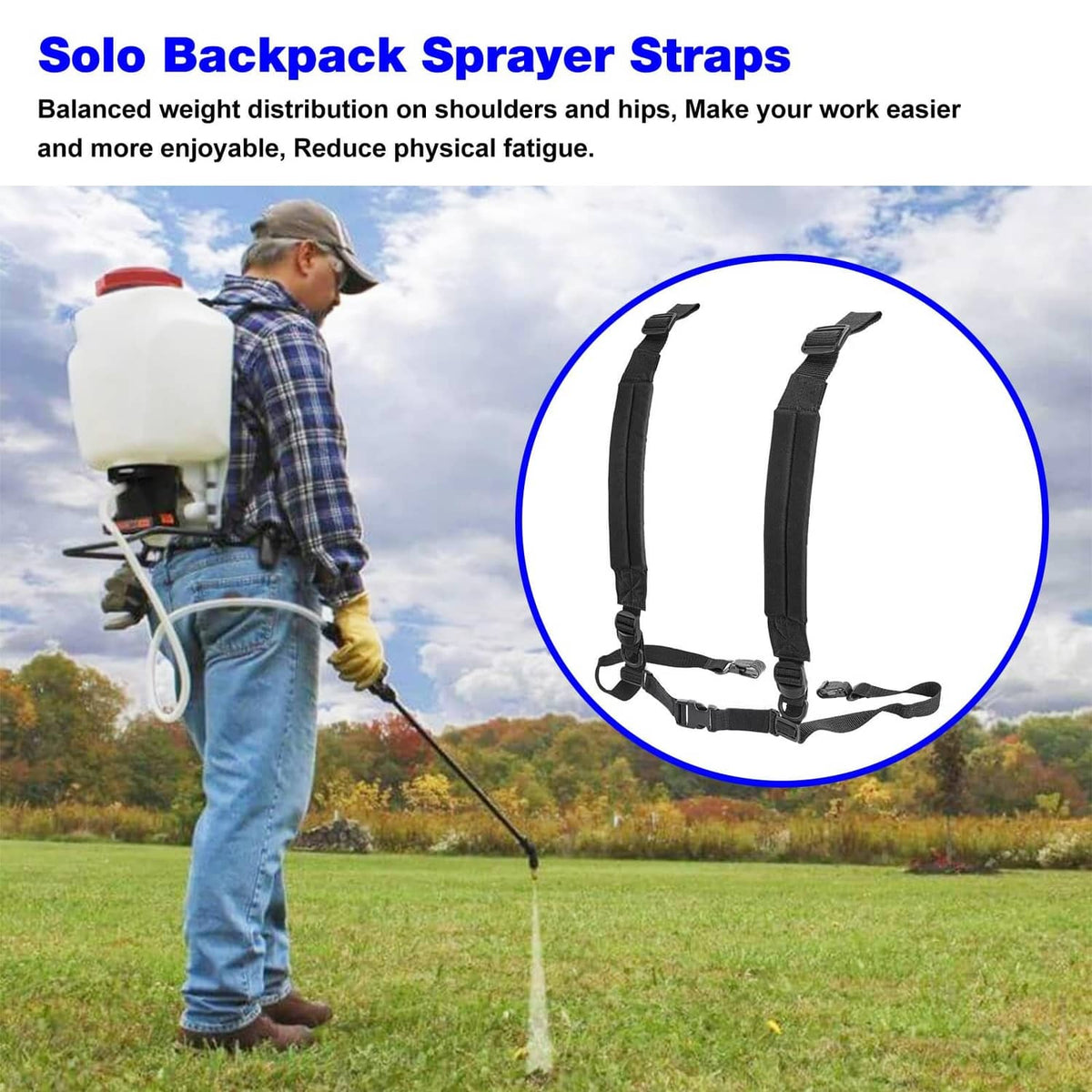 Black adjustable backpack sprayer straps worn across shoulders and chest