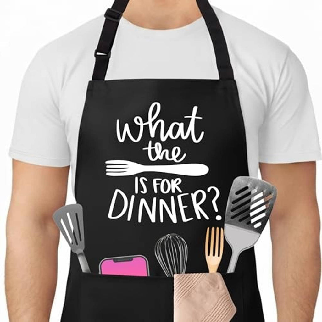 Black cooking apron with “What the is for dinner?” text and utensil icons
