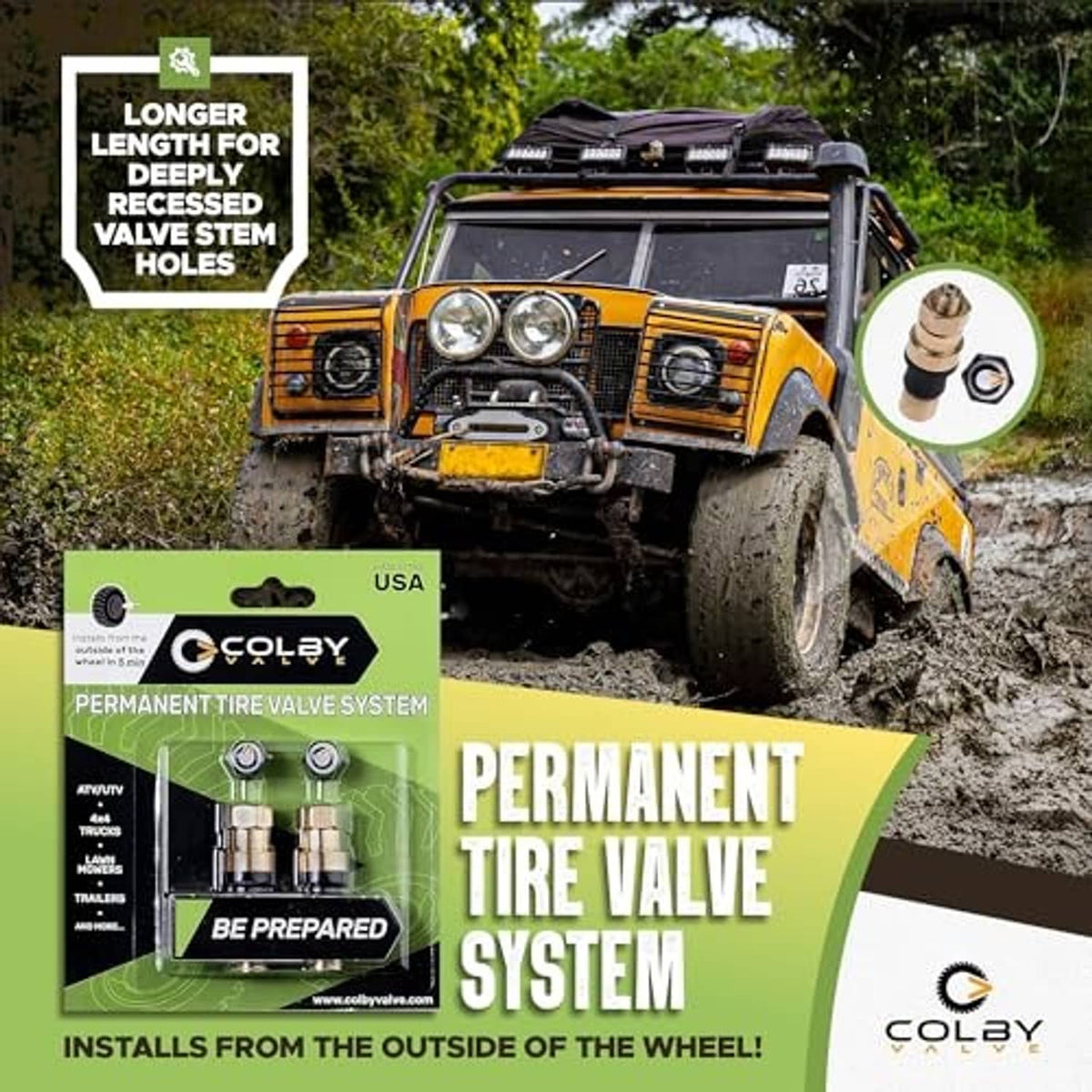 Permanent tire valve system kit with two metal replacement valve stems for tires