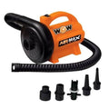 Orange and black electric air pump with flexible hose and valve adapters