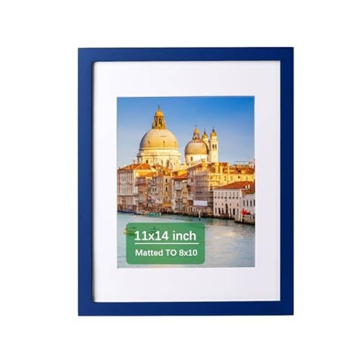 Dark blue solid wood 11x14 picture frame with white mat and cityscape photo