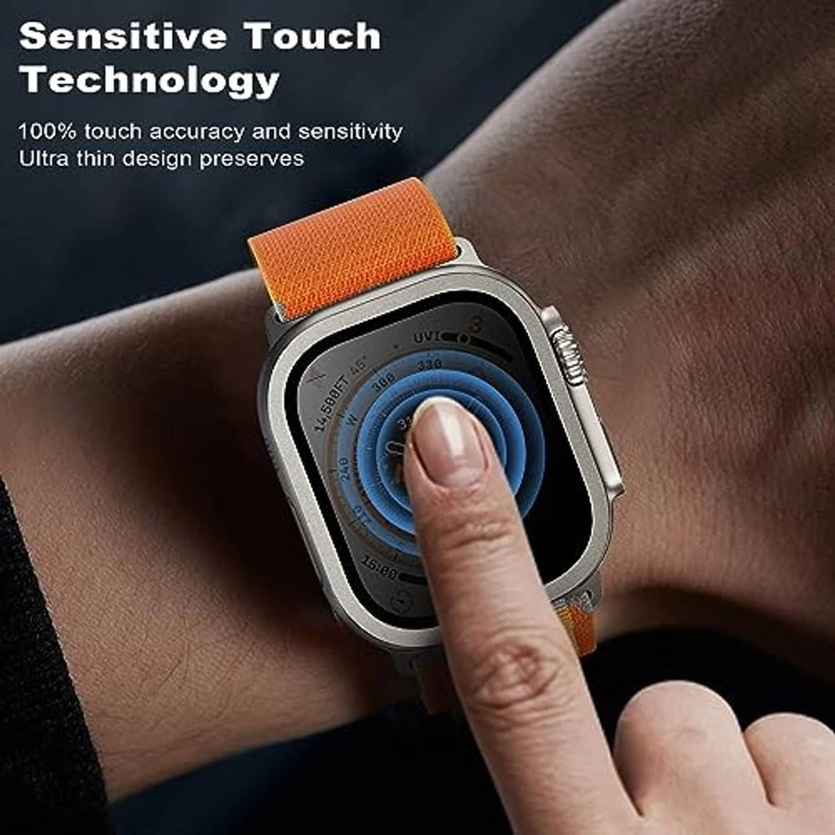 Privacy screen protector for Apple Watch Ultra 49mm with orange strap, touch-ready
