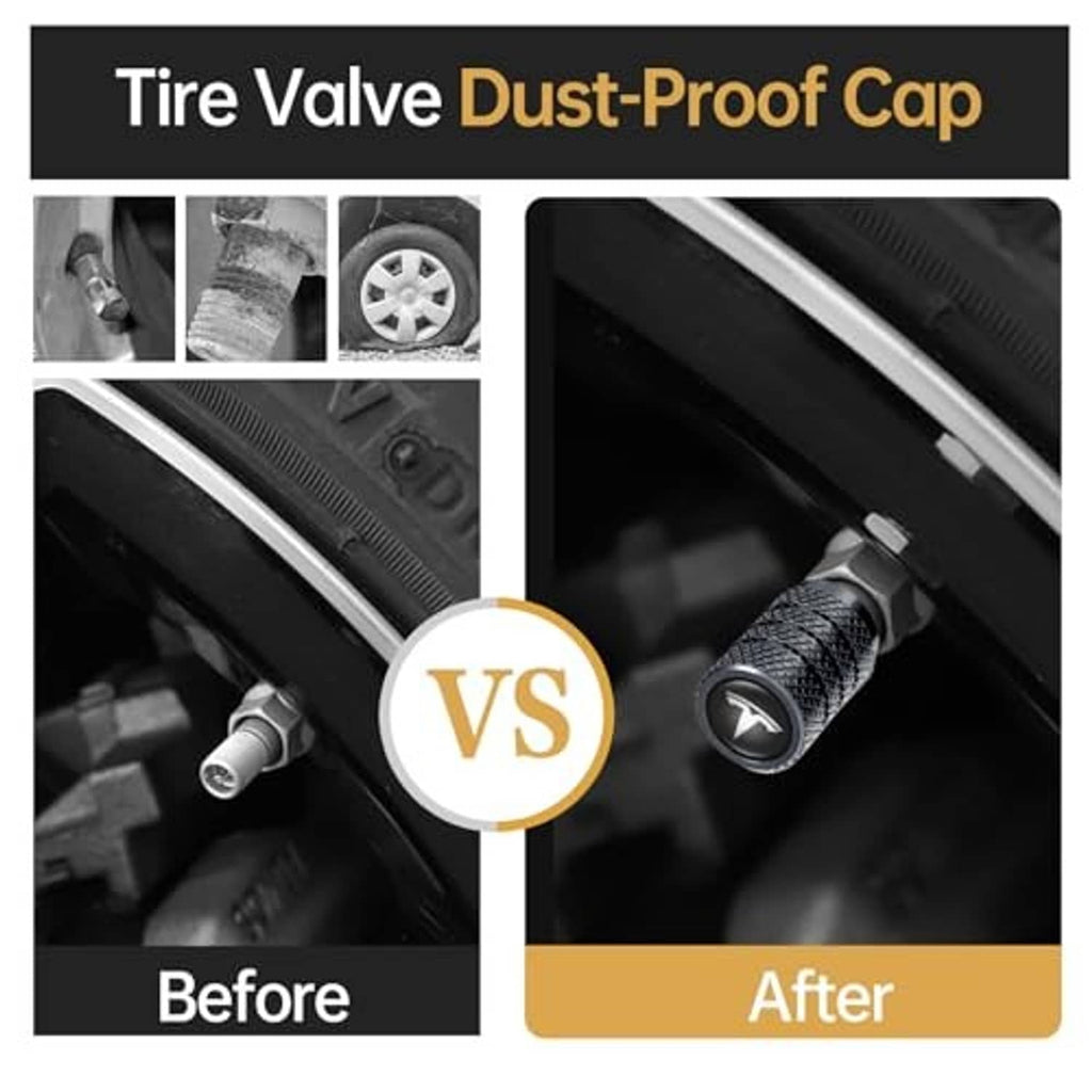 Black tire valve dust-proof caps with V-emblem shown near a car wheel rim