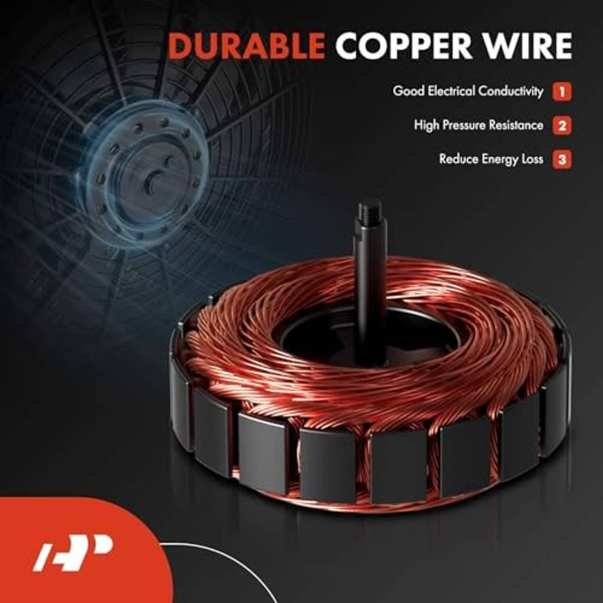 Radiator fan motor with copper wire coil winding and metal housing