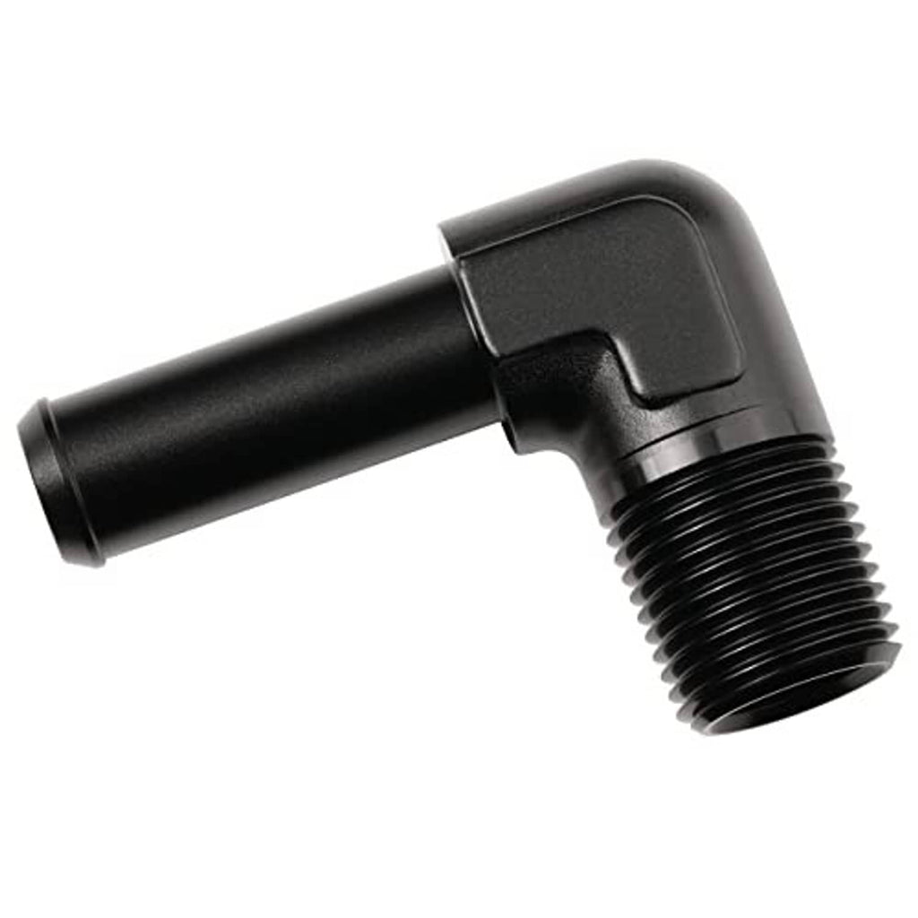 Close-up black 90-degree fitting with 1/2 NPT threads and 5/8 barb
