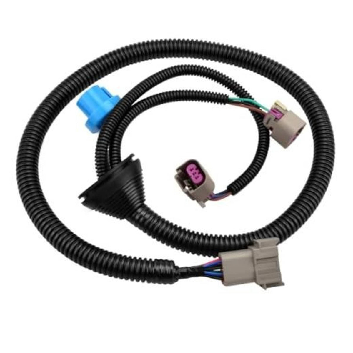 Headlight wiring harness with black corrugated cable and gray/purple electrical connectors