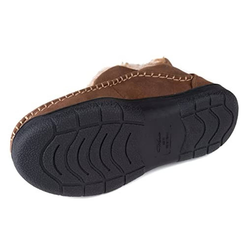 Brown moccasin bootie slipper outsole with deep tread and stitched sidewall