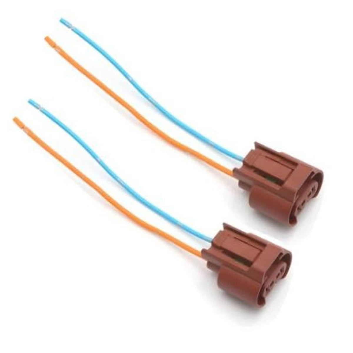 Headlight wire pigtail harness with two brown female plug sockets and orange/blue leads