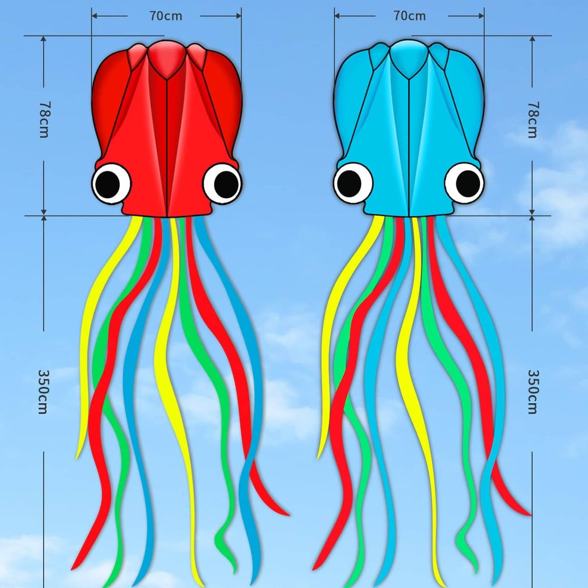 Red and blue octopus kites with colorful tentacles, shown with size guide