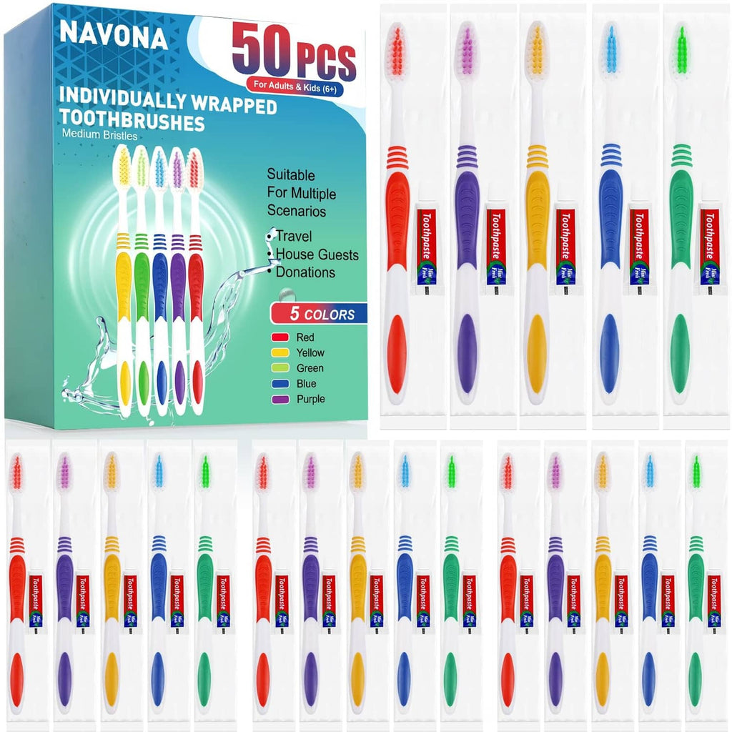 Pack of 50 individually wrapped disposable toothbrushes with colorful handles