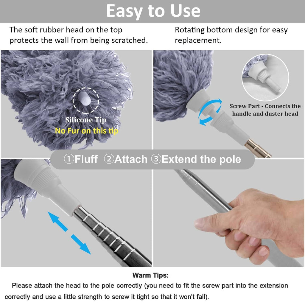 Gray microfiber feather duster head with silicone tip and screw-on extension parts