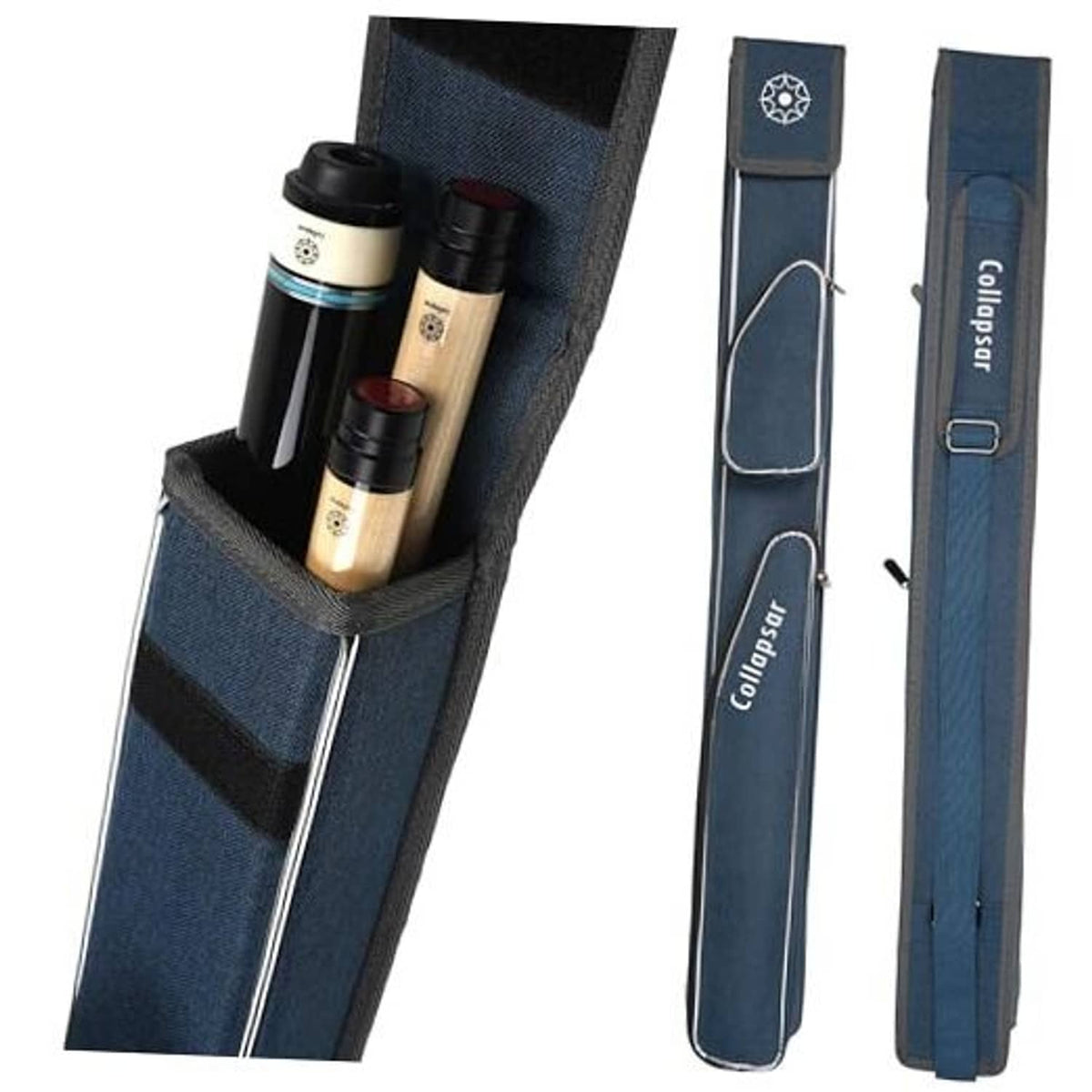 Blue heavy-duty 1x2 pool cue case with webbed slots holding a butt and two shafts