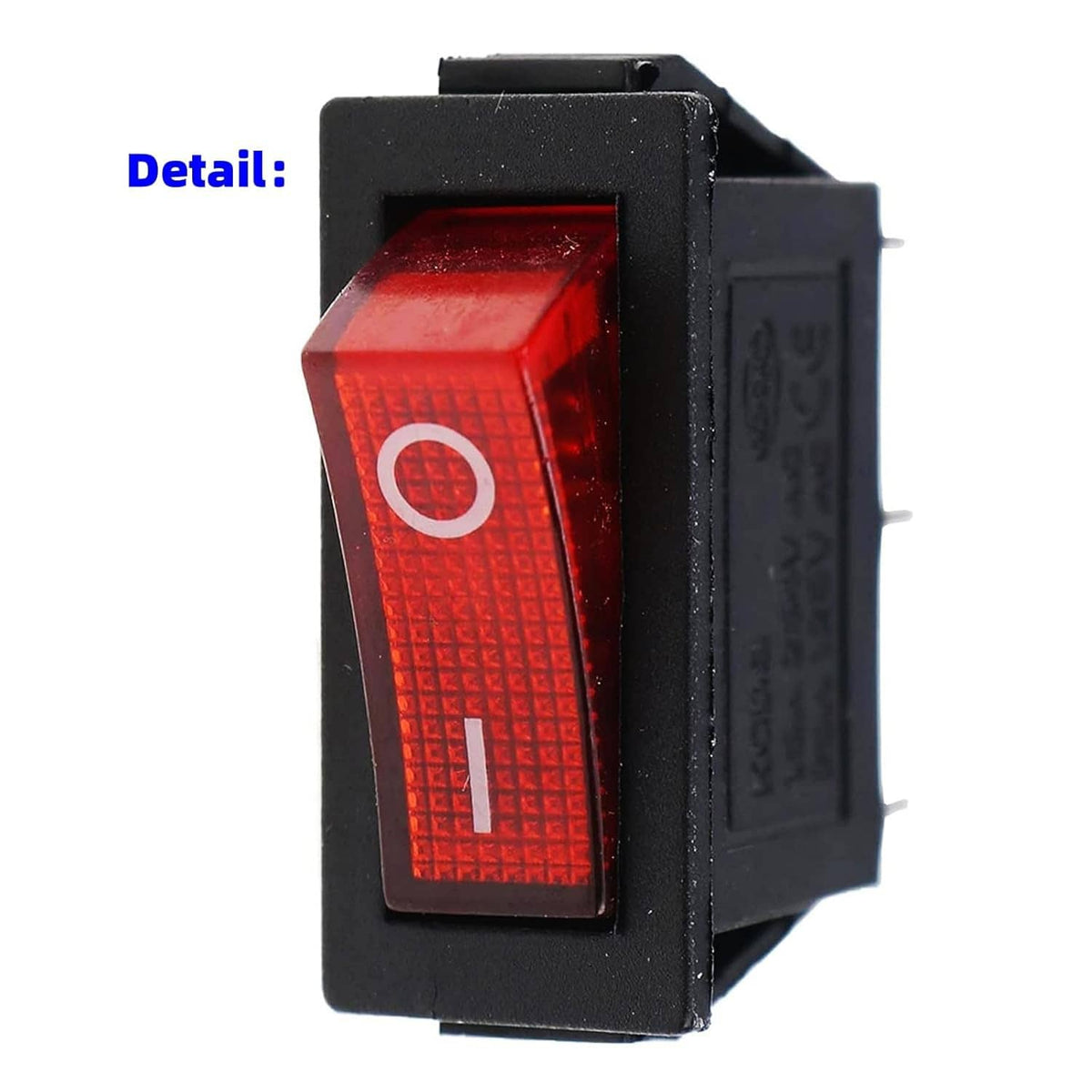 Close-up of red lighted rocker switch with white O symbol on black switch body