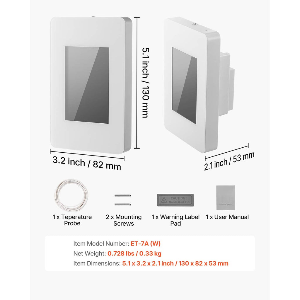 White thermostat size view with included temperature probe, screws, warning label, and manual