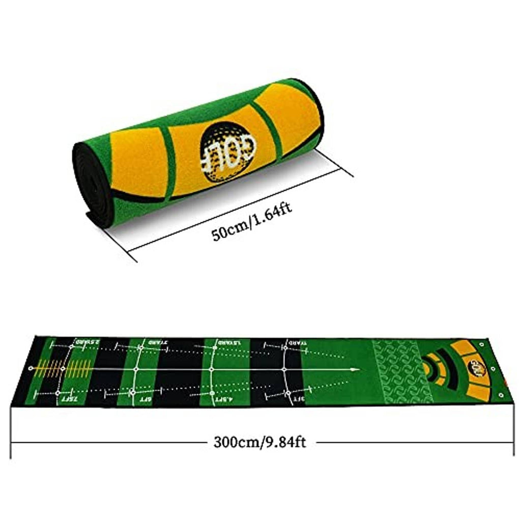 Rolled golf putting practice mat with printed grid and yard-length measurement graphic