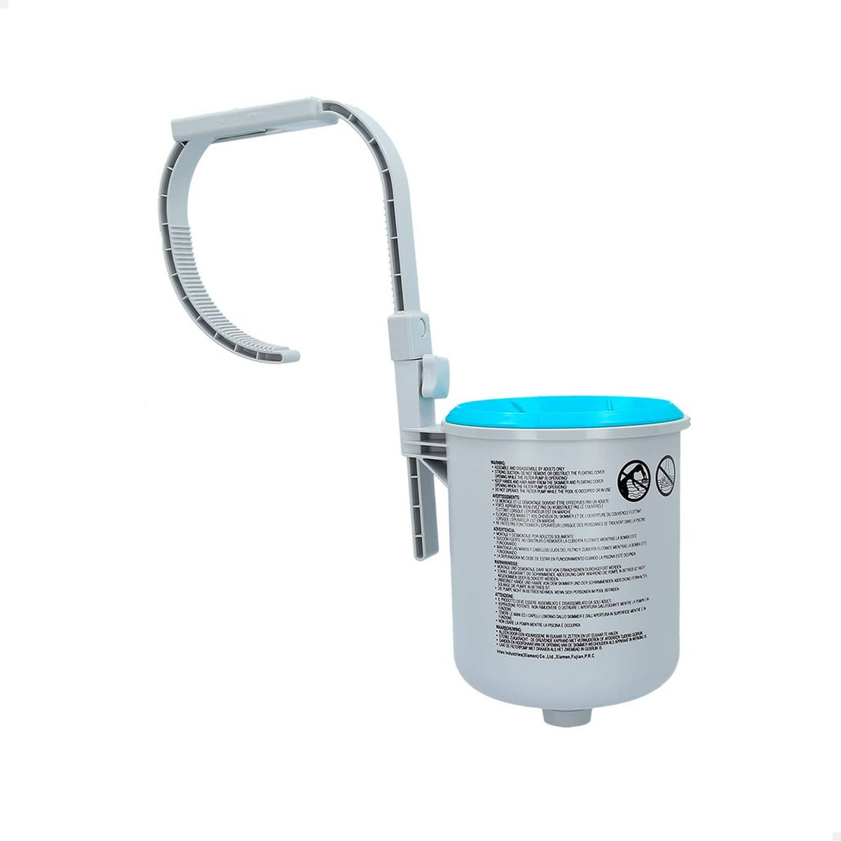 Wall-mounted pool skimmer with white tube and blue collection basket