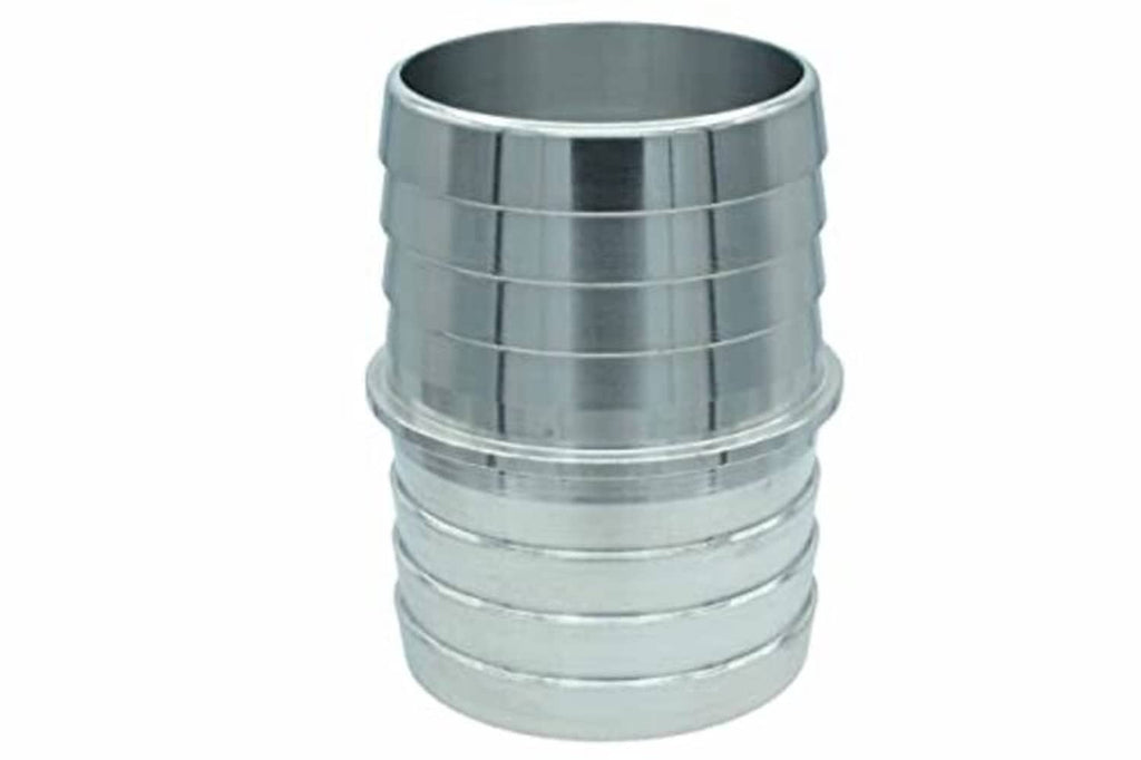 Metal hose barb splice coupler, open ends visible, silver 1-1/2 in