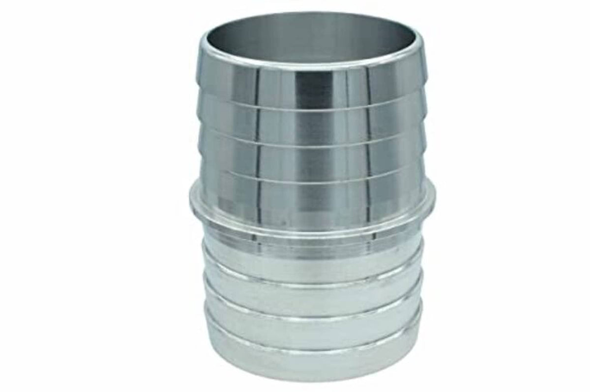 Metal hose barb splice coupler, open ends visible, silver 1-1/2 in
