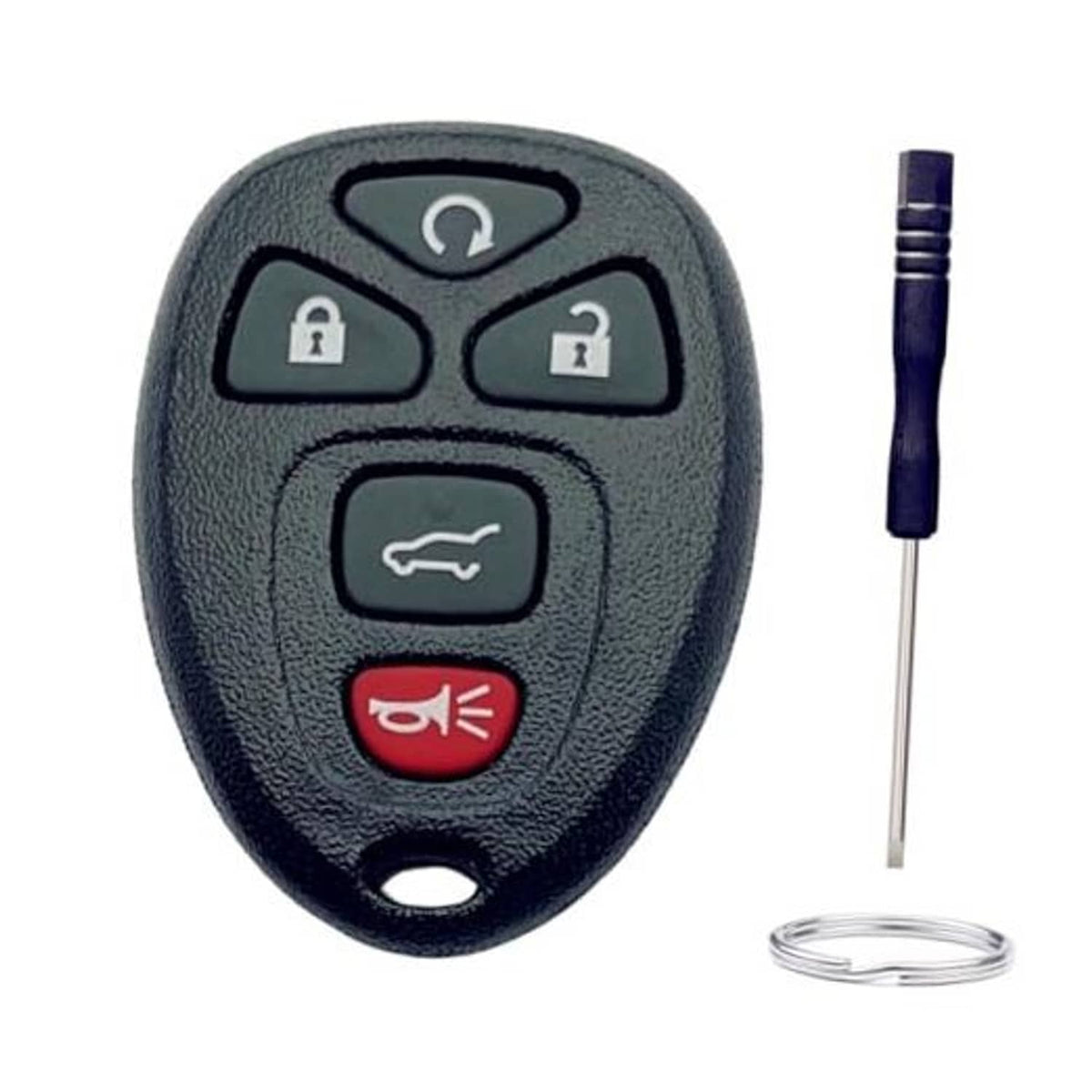 Black 5-button key fob shell replacement with lock, unlock, trunk, and alarm icons