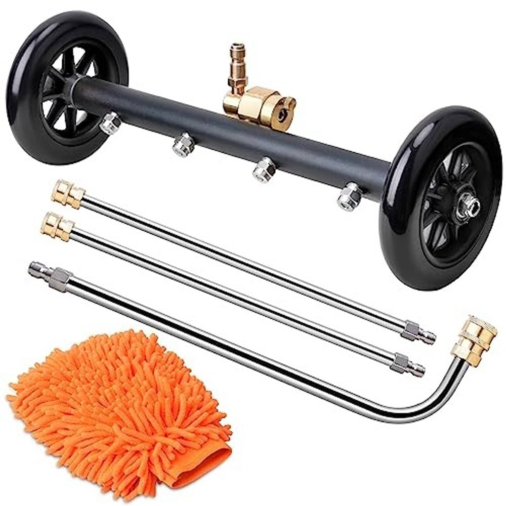2-in-1 undercarriage pressure washer attachment with orange microfiber wash mitt included