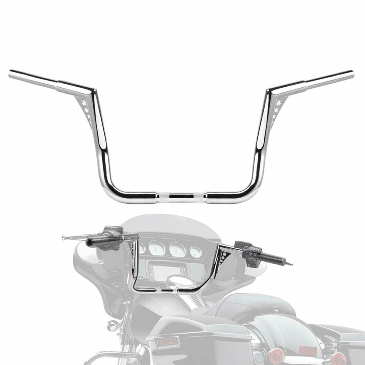 Chrome ape hanger handlebar set installed on motorcycle front