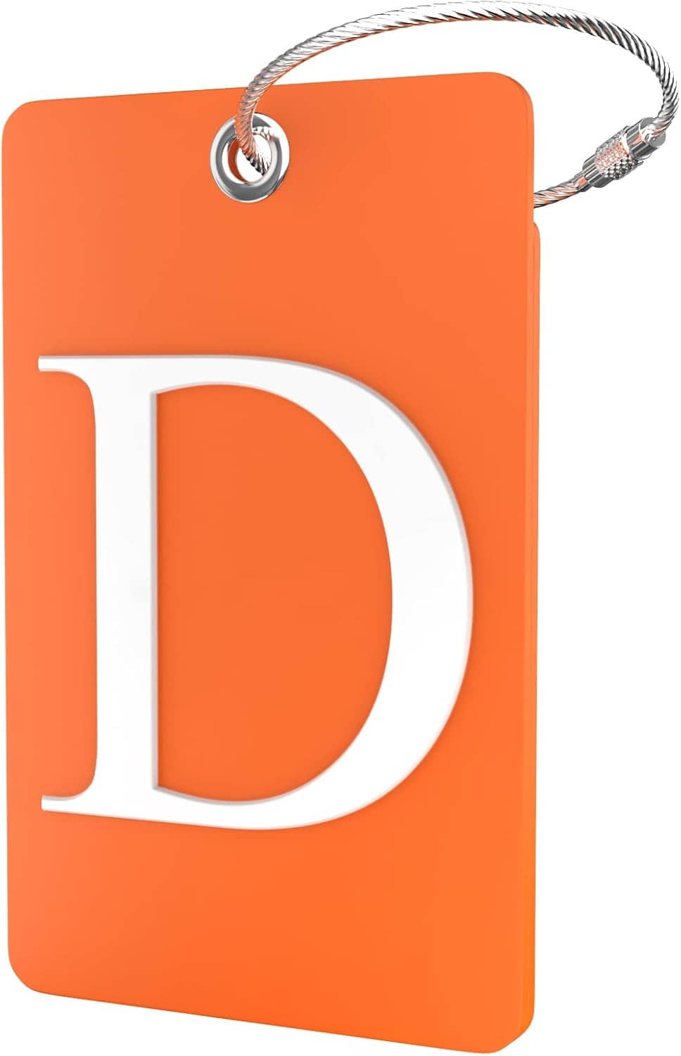 Orange luggage tag with large initial D and stainless steel loop, close-up