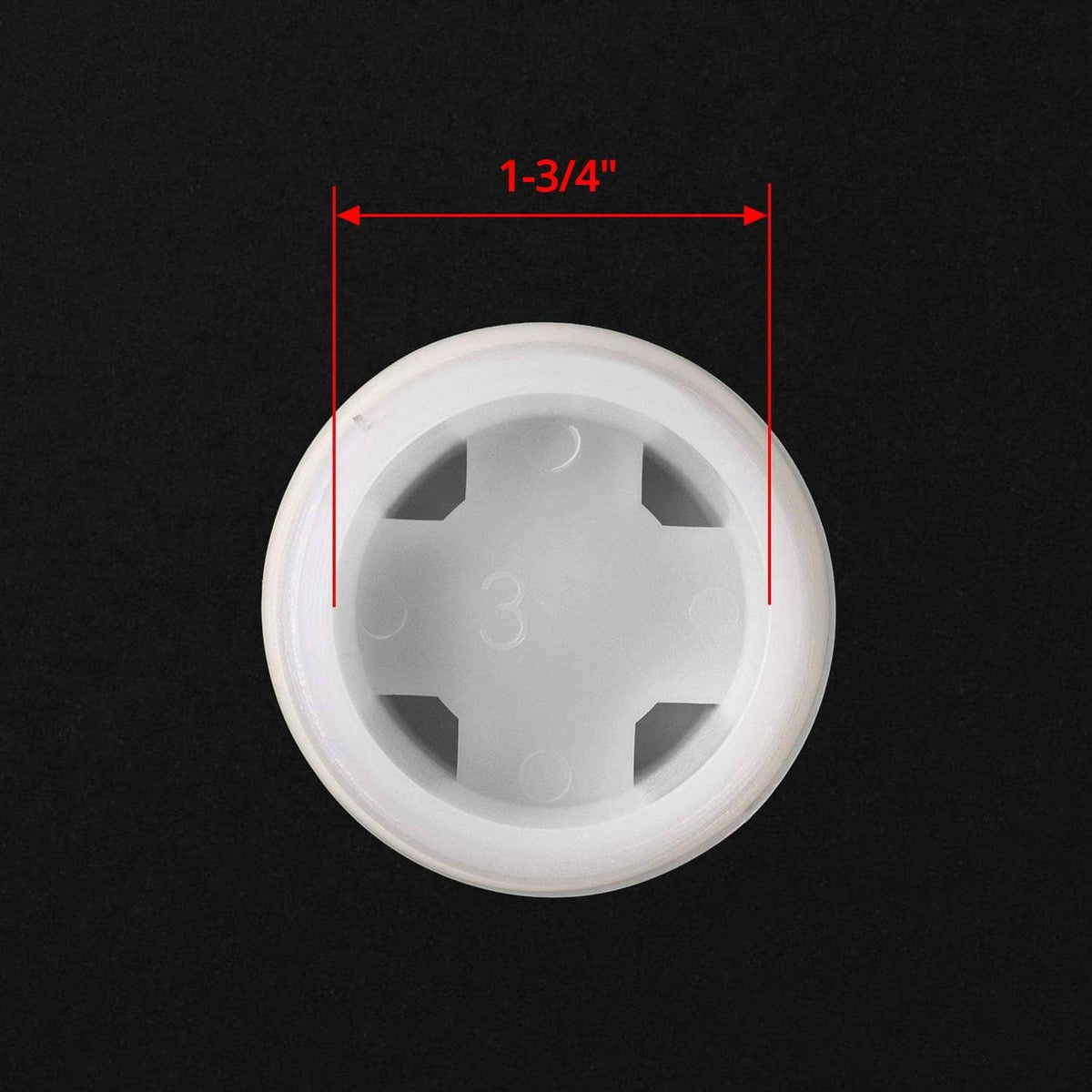 White plastic bung cap underside view with star drive recess and outer ring
