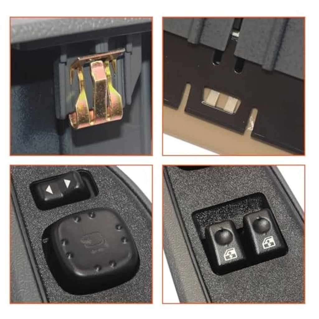 Black window switch bezel with close-up views of mirror and window control buttons
