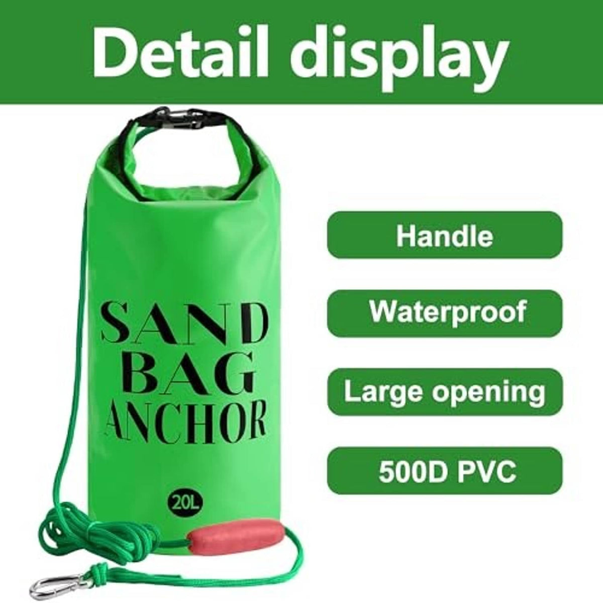 Green sand bag anchor with black handle, large opening, waterproof fabric, and red float